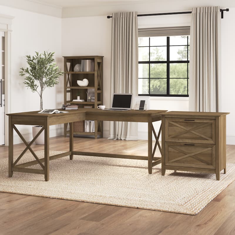 Key West 60W L Desk with 2 Drawer File Cabinet by Bush Furniture - Reclaimed Pine