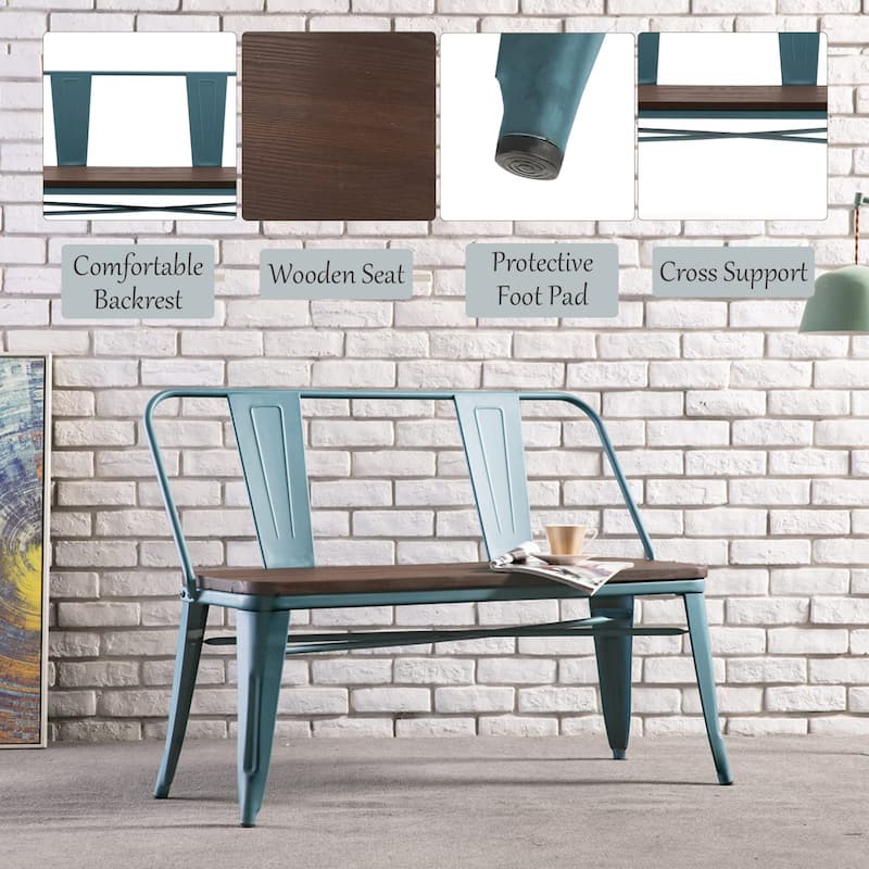 EROMMY 42in Metal Bench Industrial Mid-Century 3 Person Chair with Wood Seat, Dining Bench with Floor Protector - 42"