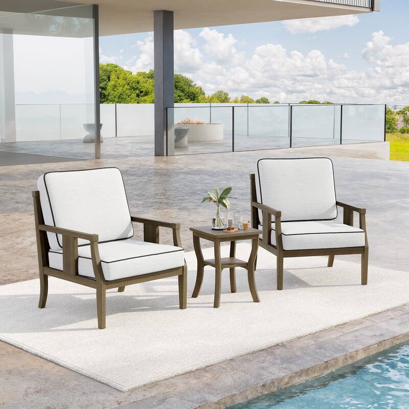 3-Piece Teak Wood Outdoor Armchair Set with Side Table, Cushions, Patio Seating Sets