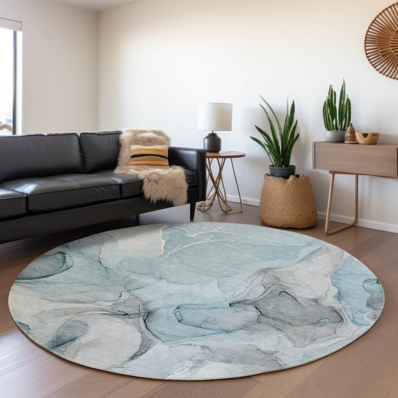 Premium Washable Super Soft Abstract Watercolor Mayfield Rug - Teal - 8' x 8' - Round
