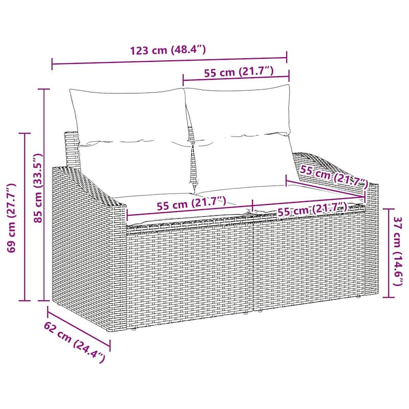 vidaXL 2-Seater Garden Sofa with Cushions Black/Brown/Grey Poly Rattan - 24.4 x 48.4 x 27.2