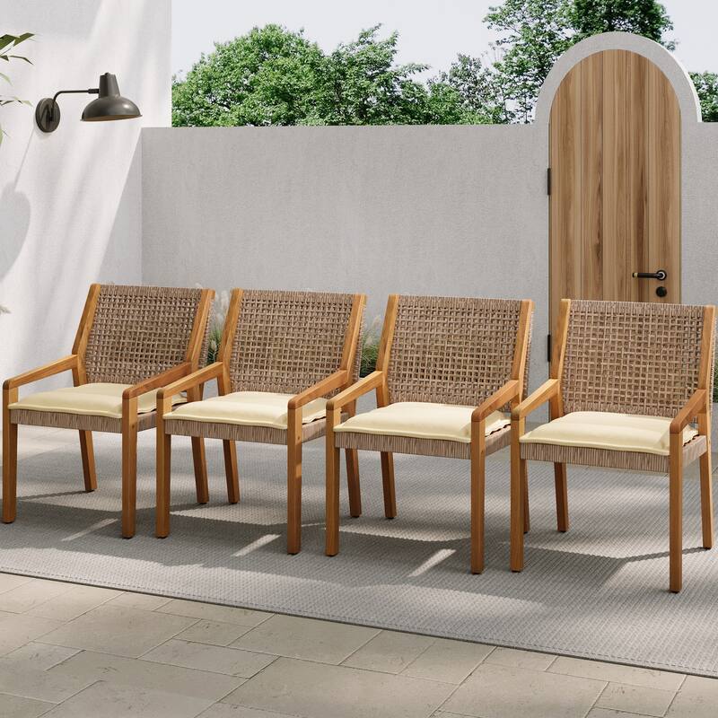 Set of 2 Outdoor Dining Chairs ，Acacia Wood & Wicker with Cream Cushion ，Teak Finish & Brown Wicker
