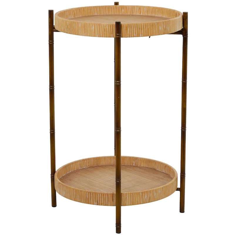 Rattan 2 Tray Shelves Accent Table with Metal Bamboo Inspired Legs - Brown - Roche River Decor - 18"W x 18"L x 26"H