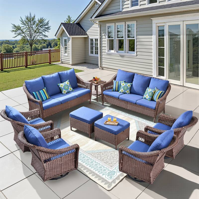 Pocassy 9 Pieces Patio Sofa Swivel Chair with Ottomans - Brown & Blue