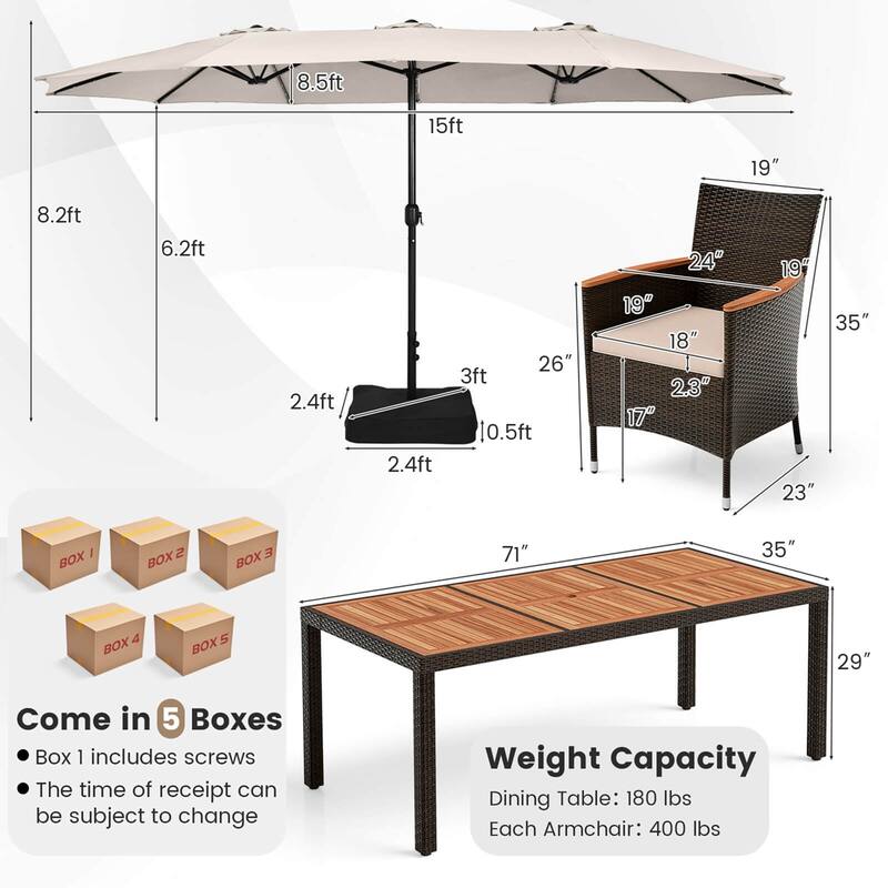 Costway 11 PCS Patio Dining Set with 15ft Double-Sided Patio Umbrella
