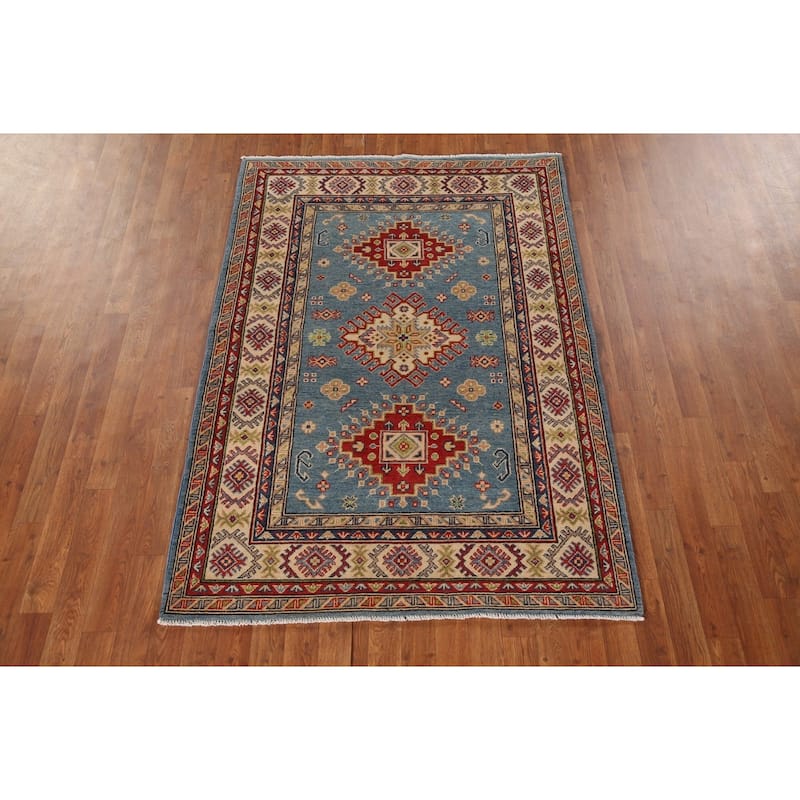 Light Blue Geometric Kazak Oriental Area Rug Handmade Wool Carpet - 4'0"x 5'11"