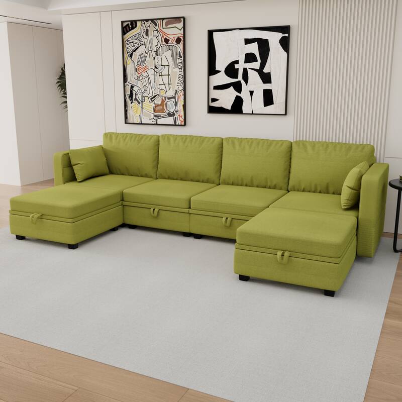 6-Seat U-Shaped Modular Reversible Sectional Sofa with Storage Ottoman