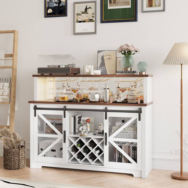 Gymojoy 16-Color LED Bar Cabinet with Wine Rack, White Kitchen Hutch for Coffee Bar & Dining Room, Farmhouse Storage Cabinet