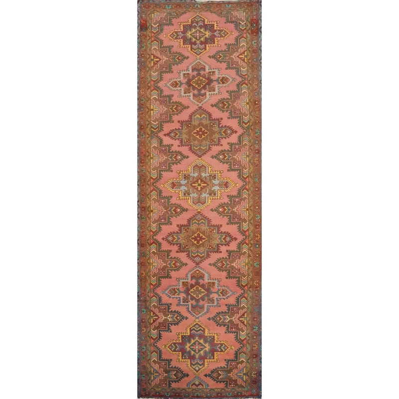 Hand Knotted Oriental 100% Wool Carpet Traditional Geometric Pink Tabriz Runner Rug - 12' 4'' X 3' 4''