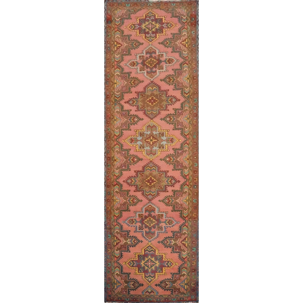 Hand Knotted Oriental 100% Wool Carpet Traditional Geometric Pink Tabriz Runner Rug - 12' 4'' X 3' 4''