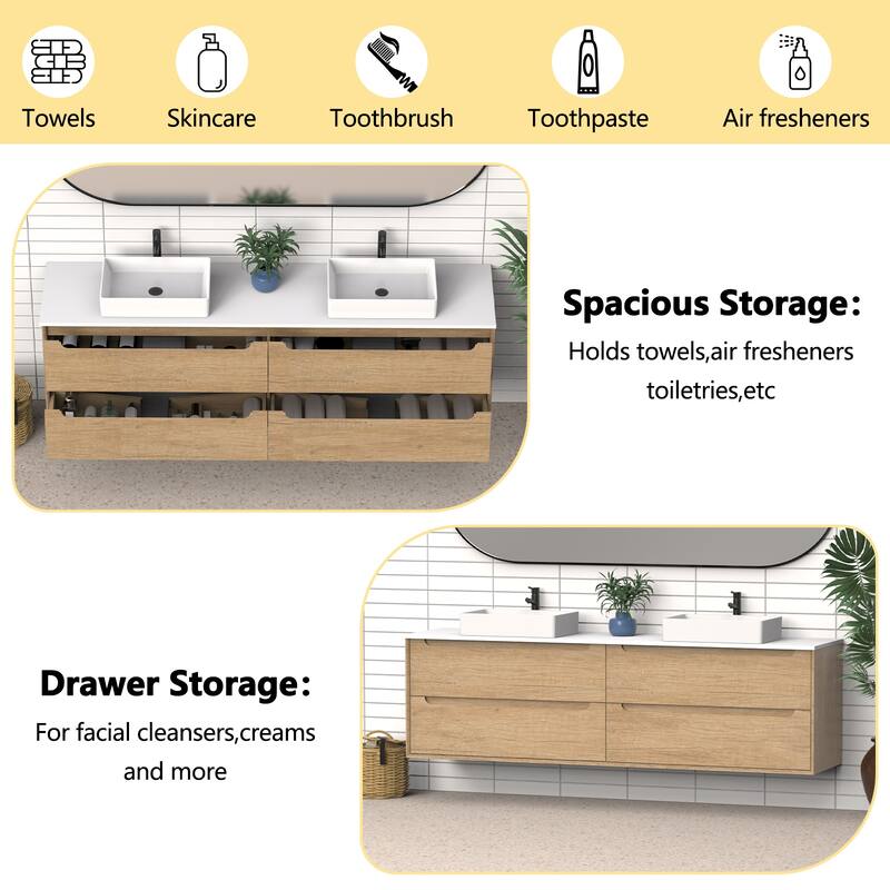 84" Solid Wood Bathroom Vanity with White Quartz Countertop Ceramic Vessel Sink