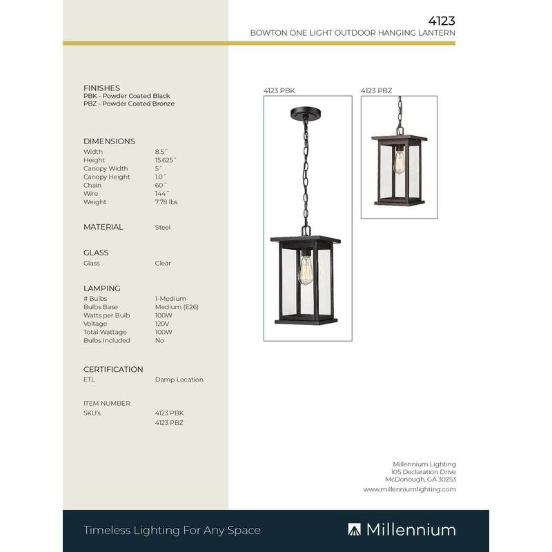 Millennium Lighting Bowton 1 Light Outdoor Pendant with Clear Glass Shades