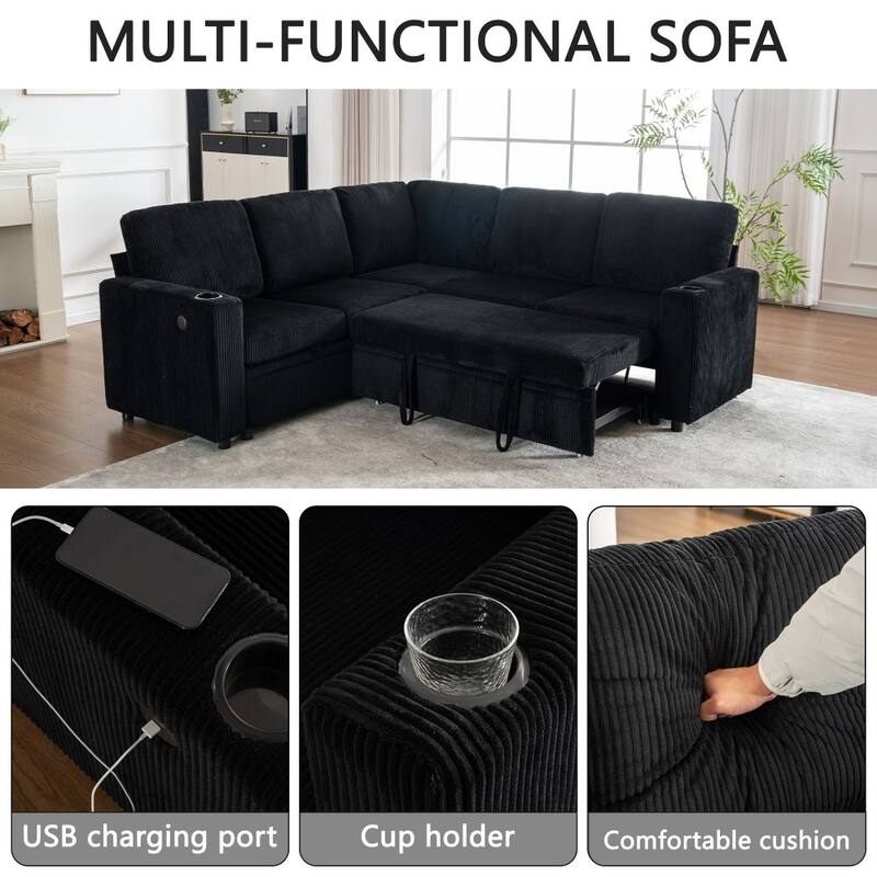 83.66" L-Shaped Sectional Sofa with Storage and Pull Out Bed