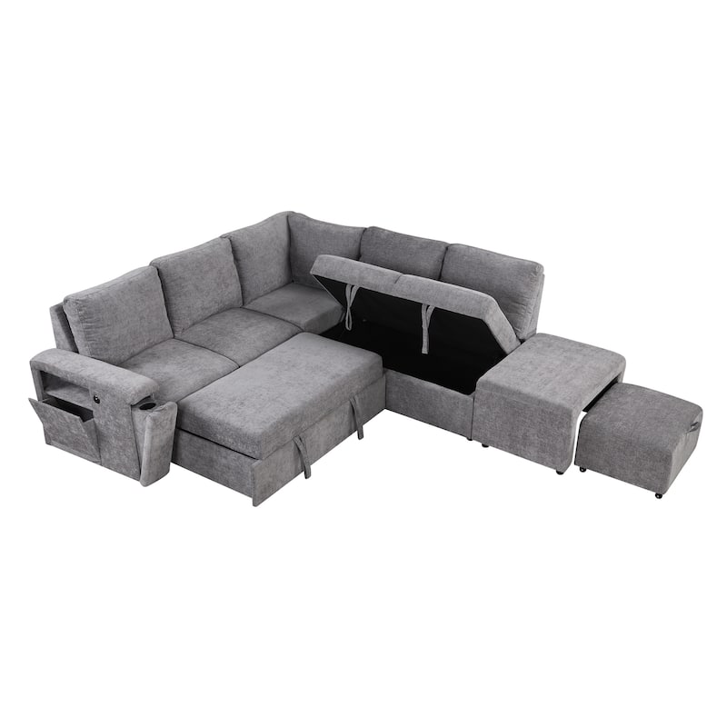 Grey 90.6'' L-Shaped 6-Seat Modular Sofa with Built-In Storage and USB Ports