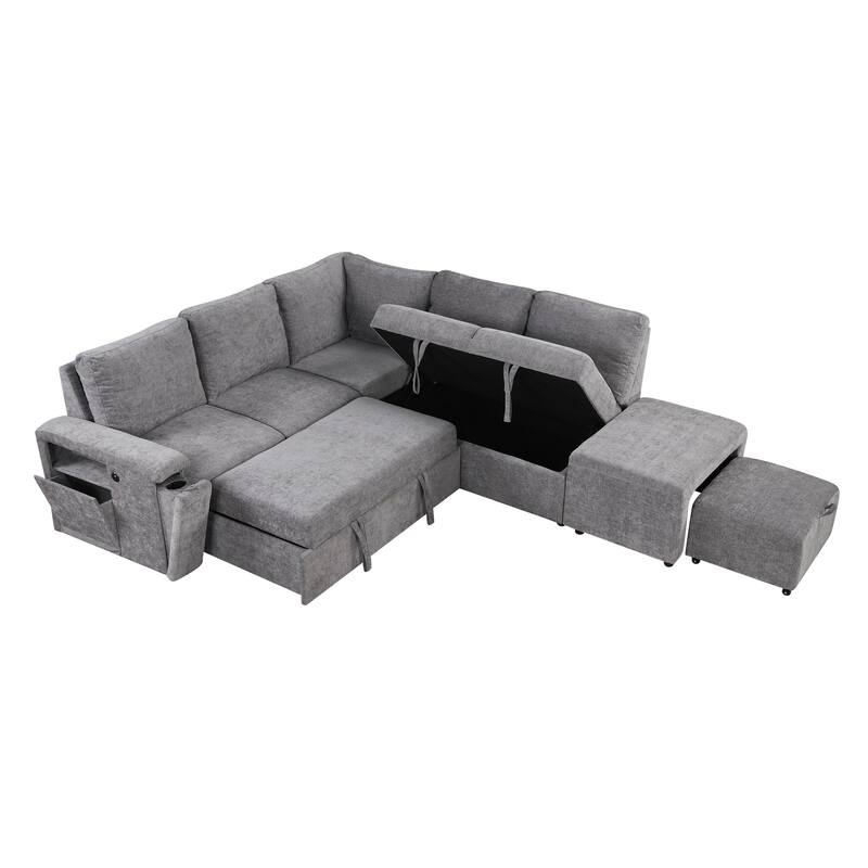 L-shaped Padded Modular Sofa with Storage Space, USB Ports, and Cup Holders on the Armrests, Suitable for Living Rooms