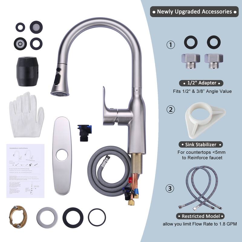 WOWOW 3-Functions Single-Handle Pull Down Sprayer Kitchen Faucet