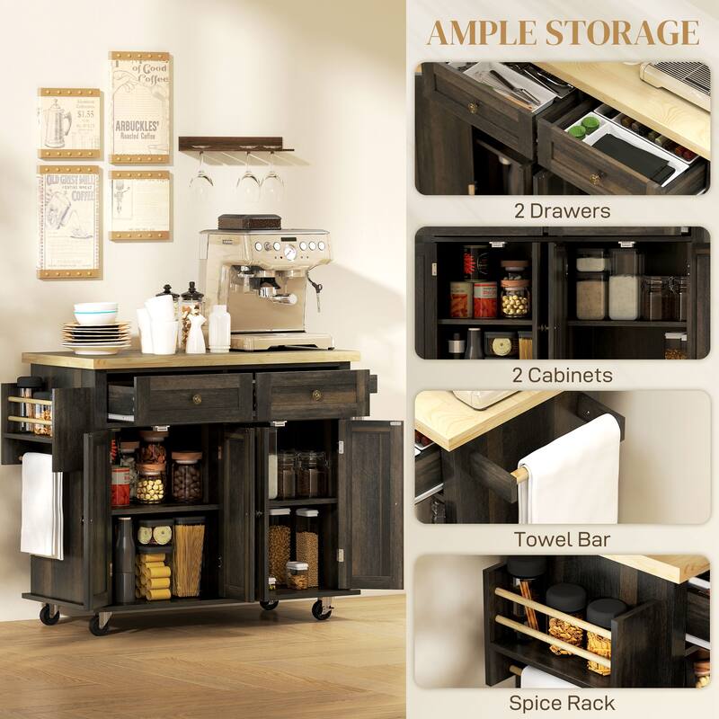 Brown Oak Kitchen Island Cart with Drawers, Cabinets and Casters - 43.75" W x 17.5" D x 32.5" H