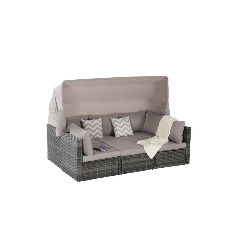 5-Piece Outdoor Patio Wicker Daybed Set with Retractable Canopy, Storable Table