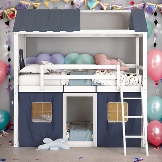 Twin Size Bunk Wood House Bed with Elegant Windows