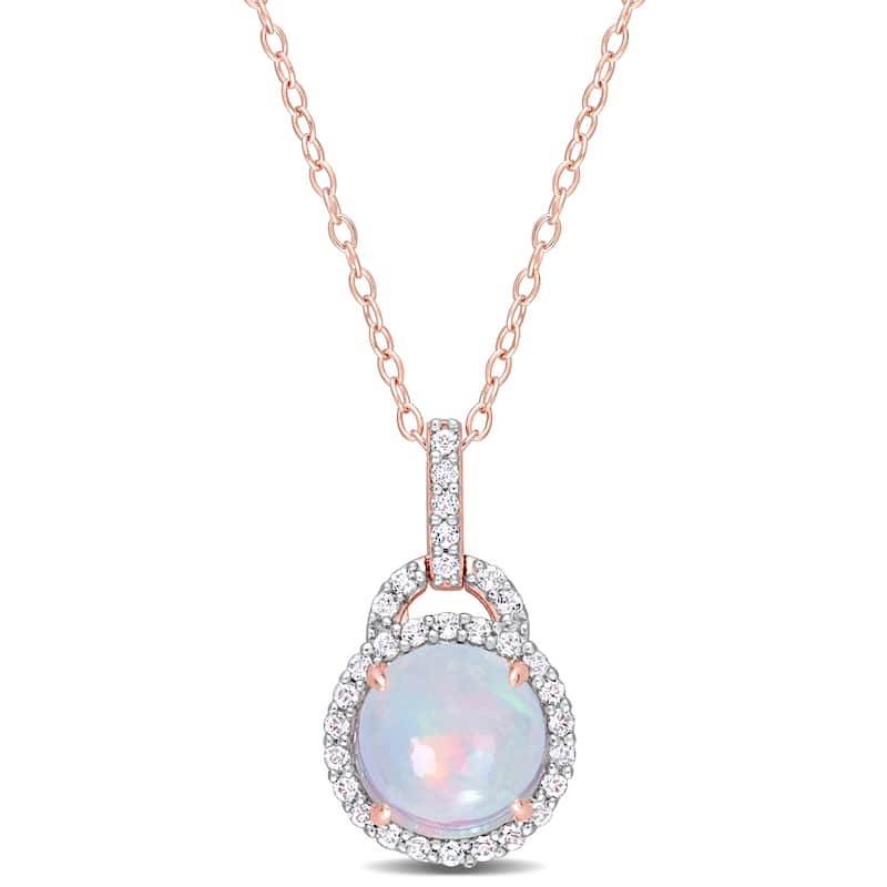 Miadora 3 1/4ct TGW Blue Ethiopian Opal White Topaz Halo Necklace Rose Silver