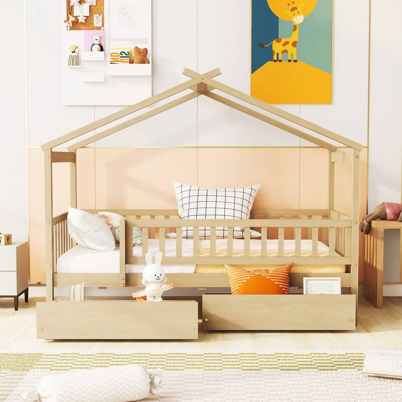 Wood Twin Playhouse Bed with 2 Drawers & Roof for Kids, Boys or Girls - Natural - Twin