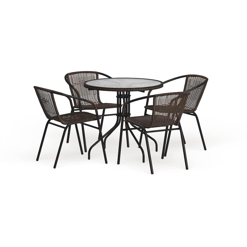 28'' Round Glass Metal Table with Rattan Edging and 4 Rattan Stack Chairs - Grey