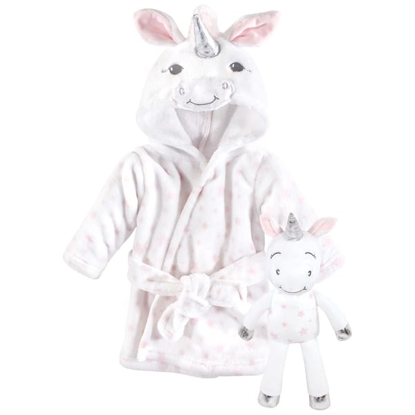 slide 1 of 1, Hudson Baby Infant Girl Plush Bathrobe and Toy Set, White Unicorn, One Size - White Unicorn - One Size One Size - White Unicorn