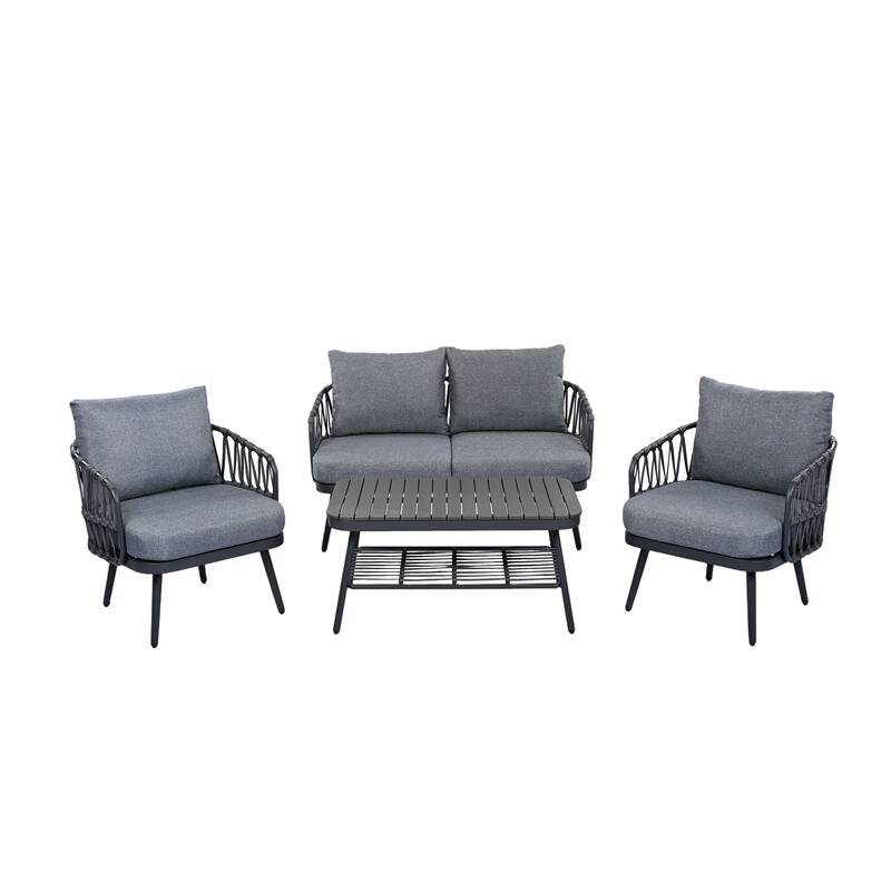 Modern 4-Piece Patio Conversation Set with Woven Rope Backrest, Acacia Coffee Table and Cushions, Outdoor Furniture