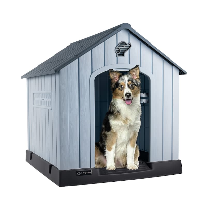 BOSSIN Insulated Dog House, Outdoor & Indoor Use with Elevated Floor, Waterproof & Durable Plastic Design for All Size Dogs - L - Grey