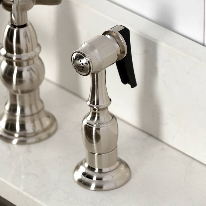 Kingston Brass Essex Two-Handle 4-Hole Deck Mount Bridge Kitchen Faucet with Brass Side Sprayer