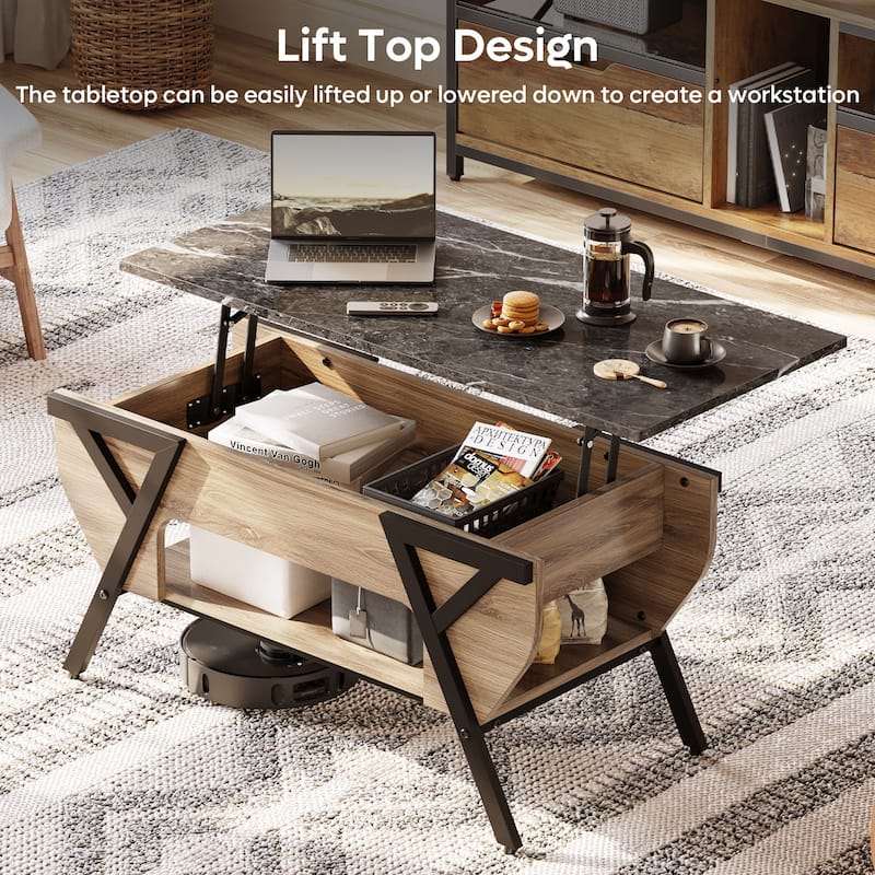 Lift-Top Coffee Table with LED Light and Storage Shelf