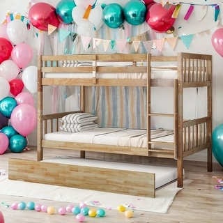 Twin Over Twin Rubber Wood Bunk Bed with Trundle,Convertible into 2 Twin Size Beds,with Ladder and Safety Guardrails-Natural