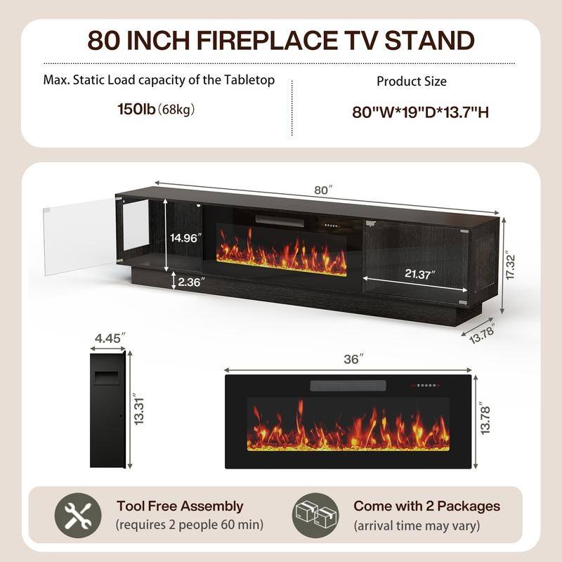 BOSSIN 80" Fireplace TV Stand with Adjustable LED Lights, Modern Entertainment Center with Glass Door Storage Cabinet, Black