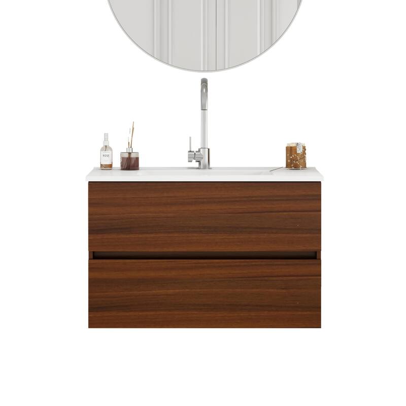 Wall-Mounted Walnut Bathroom Vanity with Double Drawers, Integrated Ceramic Sink, 32 Inch - 32 Inch