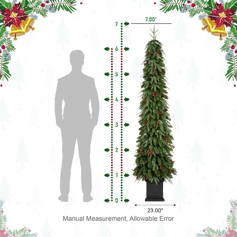 Glitzhome 4ft/6ft/7ft Pre-lit Green Artificial Christmas Porch Tree with Red Berries,Pinecones and 100 Warm White Lights