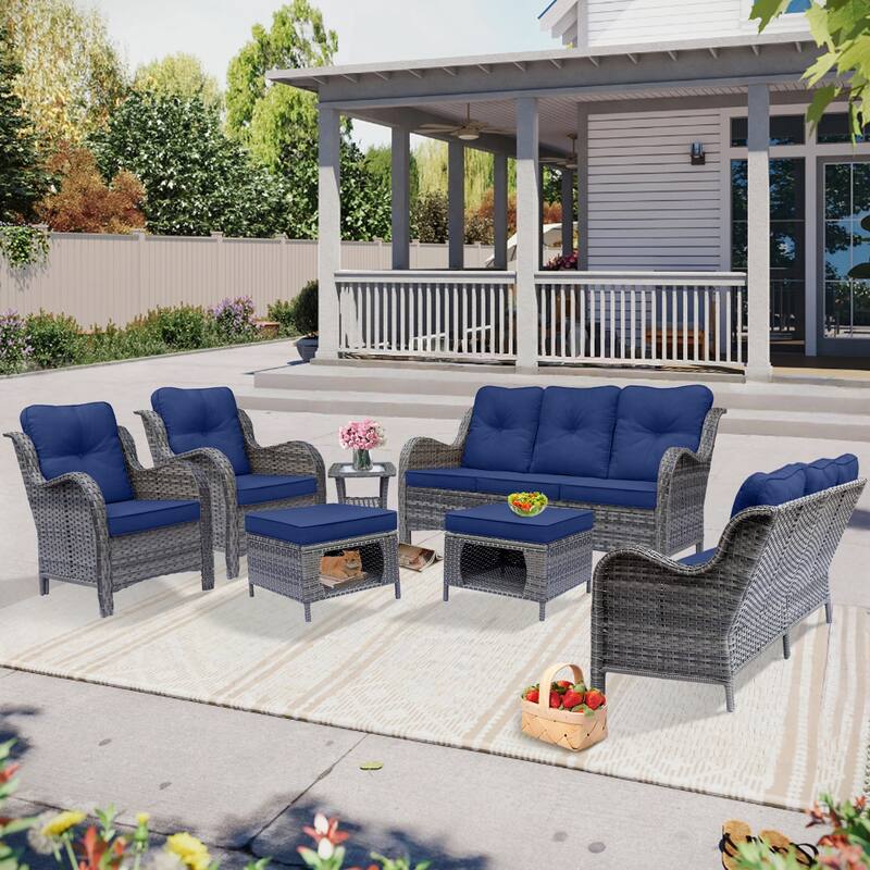 High Back Gray Wicker Outdoor Patio Furniture Sofa Seating Set with Cushions