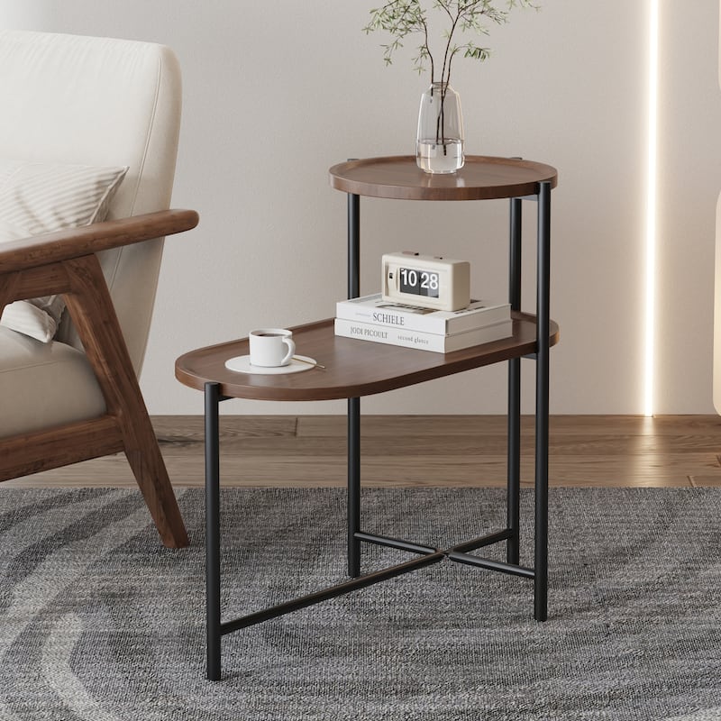 Anmytek Walnut and Black Metal Side Table 2 Tier End Table for Living Room and Bedroom - Walnut