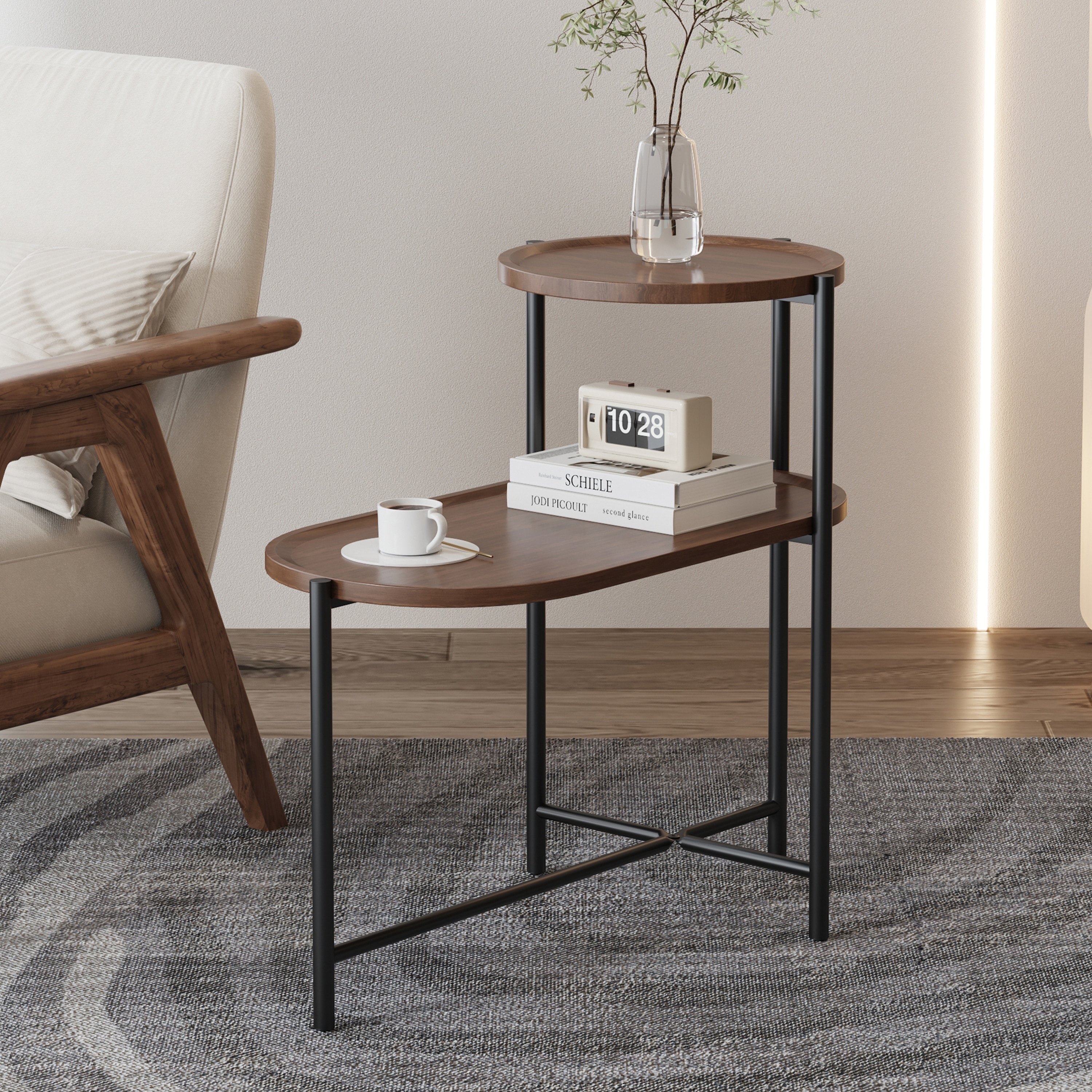 Modern Coffee Table 2-Tier Coffee Table Small Coffee Table Sofa Side Table with Storage Shelf, for Living Rooms, Walnut Brown