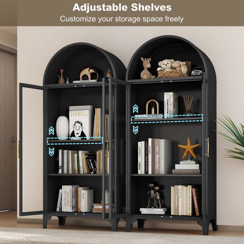 73.6-Inch Arched Metal Storage Display Cabinet with Glass Doors