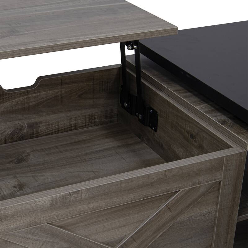 Farmhouse Lift Top Coffee Table, Wood Rectangular Center Table with Hidden Storage, Barn Doors, Open Cabinet