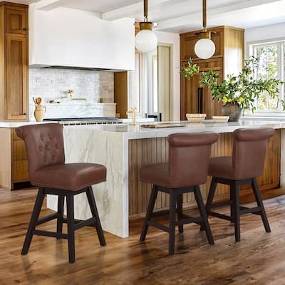 26 in. Set of 3 Upholstered Bar Stools Counter Height Barstool 360° Swivel with Curved Backrest, Armless Stool