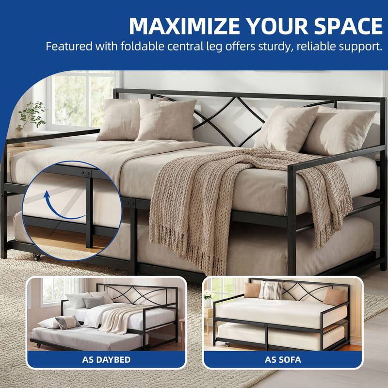 Moasis Twin Daybed with Pull Out Trundle, Metal Trundle Bed