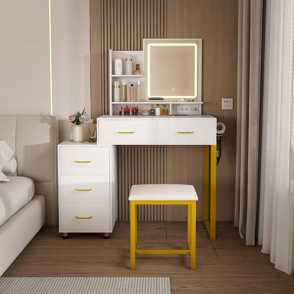Makeup Vanity with LED Lights and Power Outlet