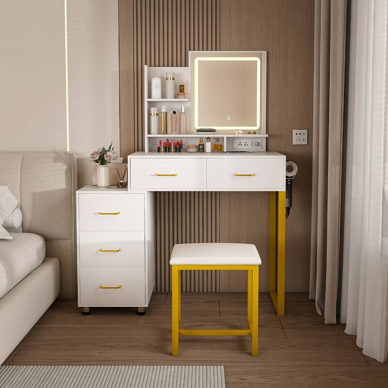 Vanity Desk with LED Light Mirror, Multifunctional Makeup Vanity Table, Dressing Table Set with 5 Drawers, Power Outlet & Stool - White