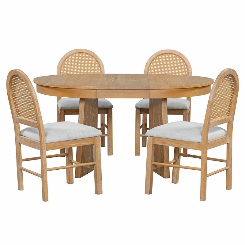 5-Piece Retro Rattan-Back Extendable Round Dining Set with Upholstered Linen Seats by Harper&Bright Designs