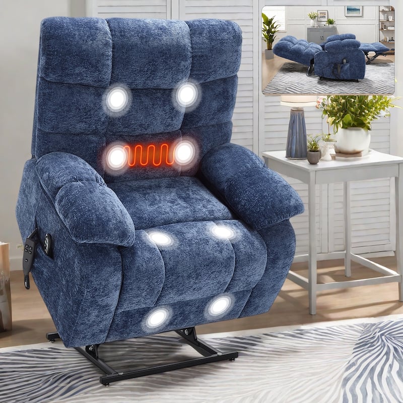 Large Dual Motor Chenille Power Lift Recliner Chair with Massage and Heat and Power-Remote, Infinite Position - Blue