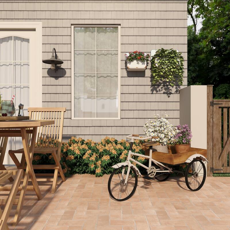 White Metal Indoor Outdoor Vintage Bike Indoor Outdoor Plantstand with Brown Wood Accents