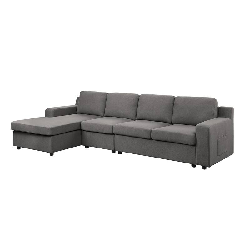 Linen 4-Seater Sectional Sofa Chaise with Pocket in Gray - Left Facing - Gray