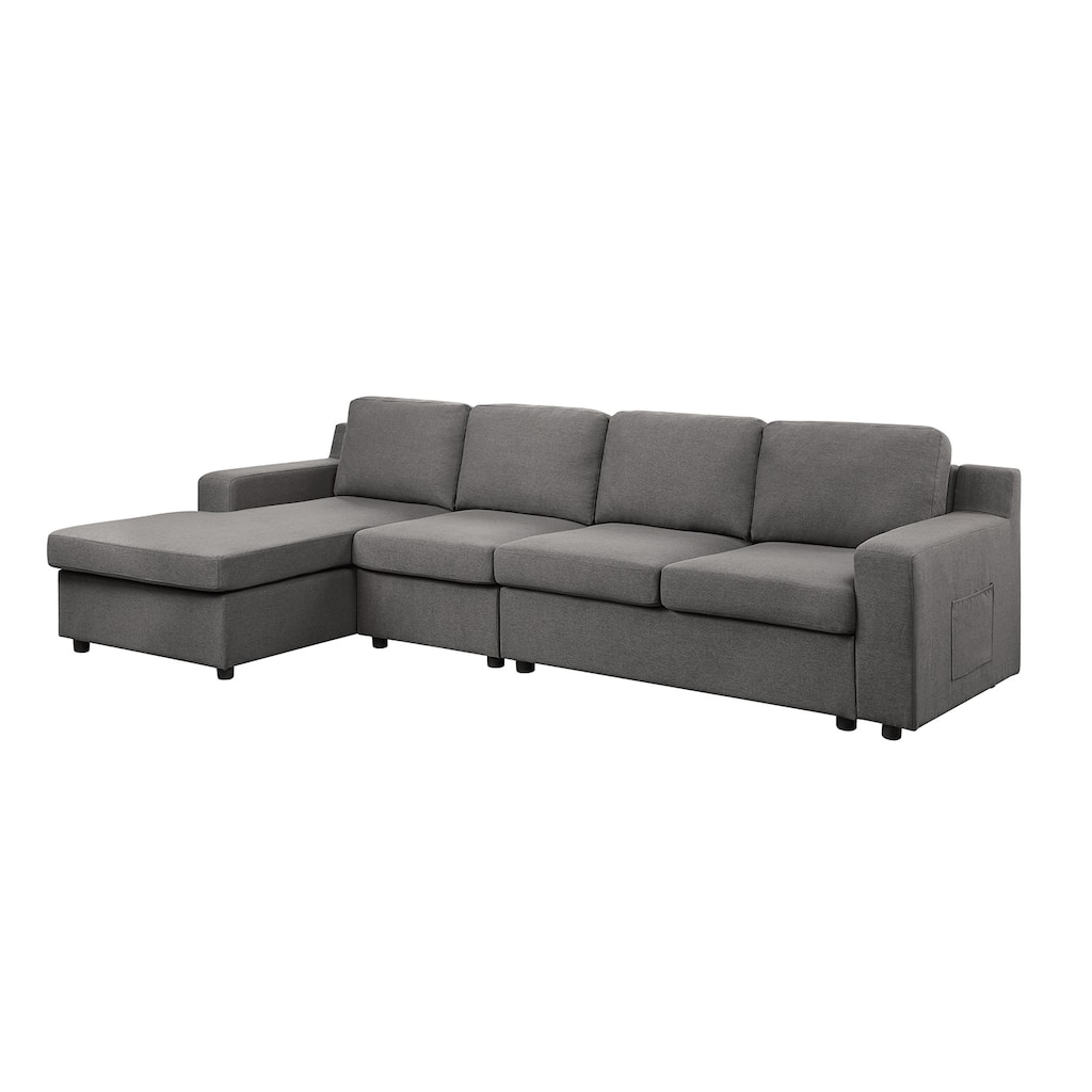 Linen 4-Seater Sectional Sofa Chaise with Pocket in Gray