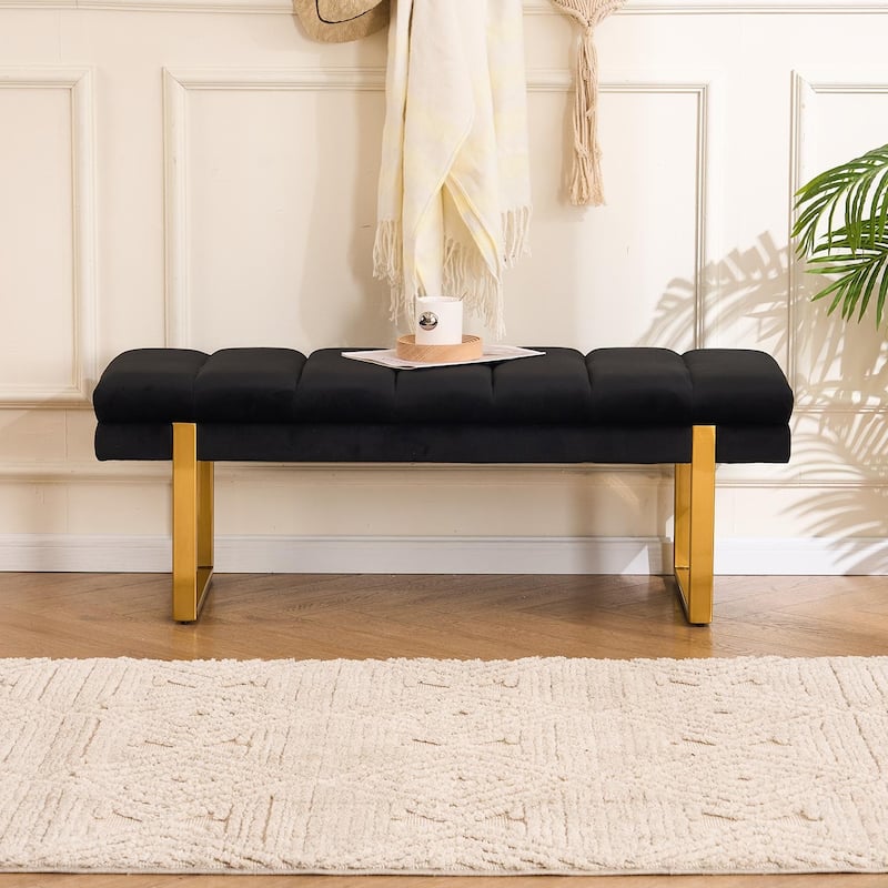 Upholstered Bedroom Bench Tufted Entryway Bench Modern End of Bed Bench Dining Bench with Gold/Black Metal Legs for Window